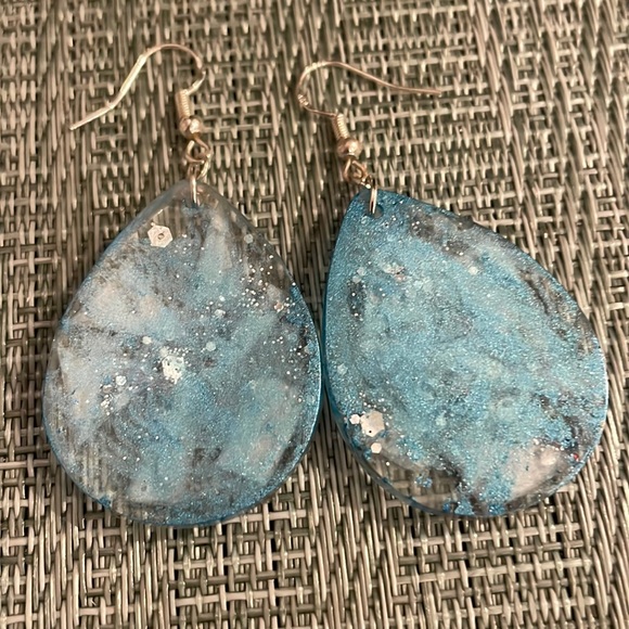 XMAS Festive Handmade Medium Holiday Earrings Blue Teardrop - Picture 4 of 9